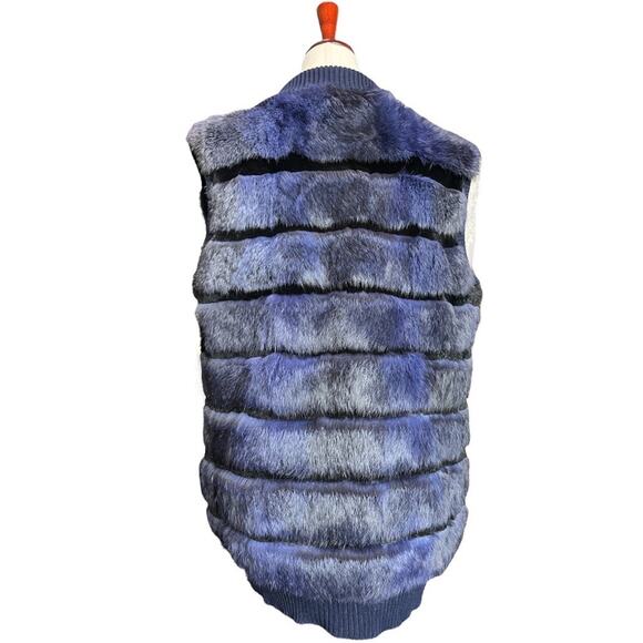 Tasha Tarno Blue Black Striped Real Rabbit Fur Full Zip Vest Ribbed Collar Large - Picture 4 of 8